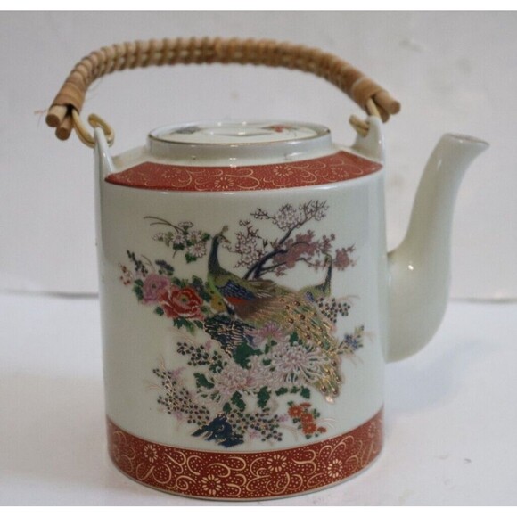 Satsuma Japan Teapot Peacock Floral Design Gold Trim Natural Rattan Handle - Picture 1 of 7